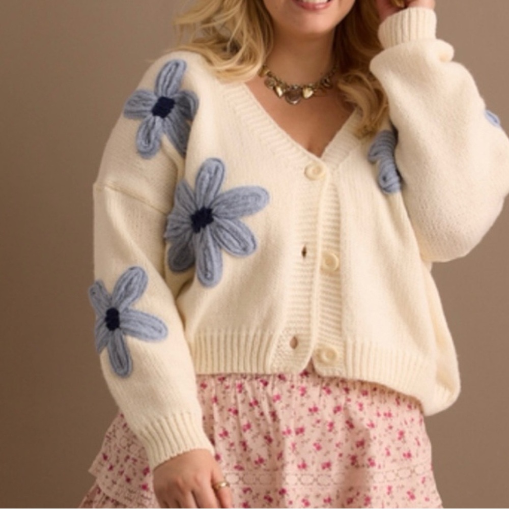 Altar'd State Cream Cardigan with Large Blue Flower Embroidery